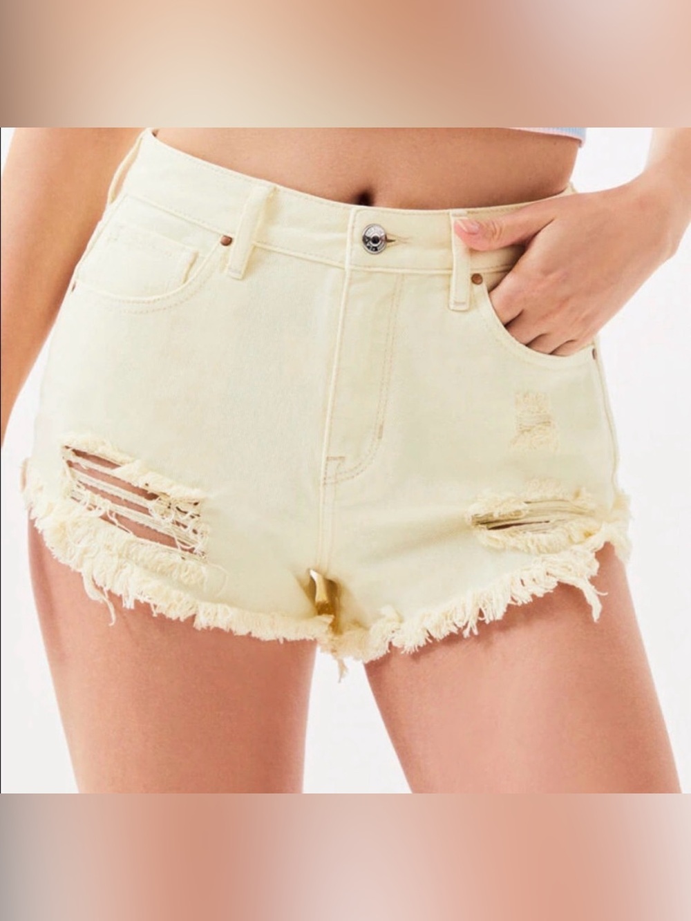 PacSun Pale Distressed High-Rise Denim Shorts in Lemon Lime. Sz 26. NWT